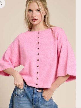 Mimosa Button Front Short Sleeve Knit sweater Cardigan pink medium